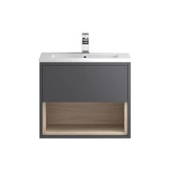 Hudson Reed Coast 600mm Wall Mounted Vanity Unit with Open Shelf & Basin - Grey Gloss/Driftwood
