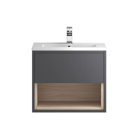 Hudson Reed Coast 600mm Wall Mounted Vanity Unit with Open Shelf & Basin - Grey Gloss/Driftwood 3 Hudson Reed Coast 600mm Wall Mounted Vanity Unit with Open Shelf & Basin - Grey Gloss/Driftwood