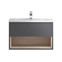 Hudson Reed Coast 800mm Wall Mounted Vanity Unit with Open Shelf & Basin - Grey Gloss/Driftwood