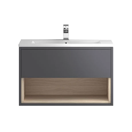 Hudson Reed Coast 800mm Wall Mounted Vanity Unit with Open Shelf & Basin - Grey Gloss/Driftwood 3 Hudson Reed Coast 800mm Wall Mounted Vanity Unit with Open Shelf & Basin - Grey Gloss/Driftwood