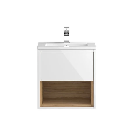 Hudson Reed Coast 500mm Wall Mounted Vanity Unit with Open Shelf & Basin - Gloss White/Coco Bolo 3 Hudson Reed Coast 500mm Wall Mounted Vanity Unit with Open Shelf & Basin - Gloss White/Coco Bolo