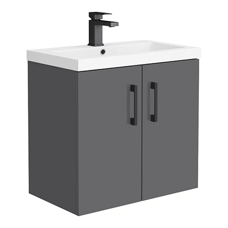 Apollo2 605mm Gloss Grey Wall Hung Vanity Unit w. Matt Black Handles 3 Apollo2 605mm Gloss Grey Wall Hung Vanity Unit w. Matt Black Handles