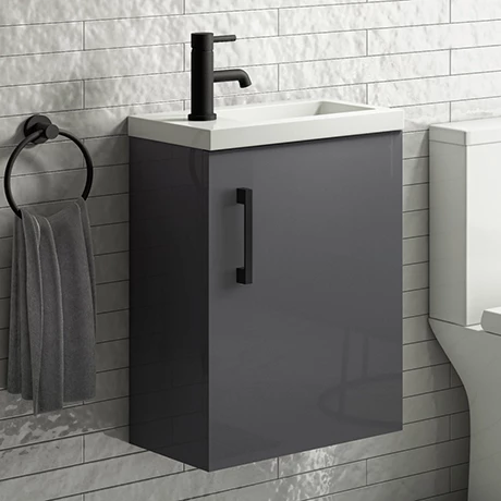 Apollo2 405mm Gloss Grey Compact Wall Hung Vanity Unit w. Matt Black Handle 3 Apollo2 405mm Gloss Grey Compact Wall Hung Vanity Unit w. Matt Black Handle