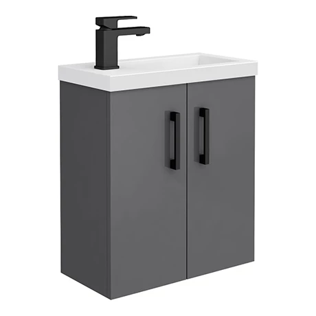 Apollo2 505mm Gloss Grey Compact Wall Hung Vanity Unit w. Matt Black Handles 3 Apollo2 505mm Gloss Grey Compact Wall Hung Vanity Unit w. Matt Black Handles