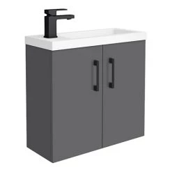 Apollo2 605mm Gloss Grey Compact Wall Hung Vanity Unit w. Matt Black Handles