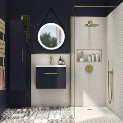 Arezzo Wall Hung Vanity Unit - Matt Blue - 500mm with Industrial Style Brushed Brass Handle -Wall Hung Vanity Units Shop AZB5WHVBBIS d3 460