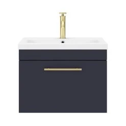 Arezzo Wall Hung Vanity Unit - Matt Blue - 600mm with Industrial Style Brushed Brass Handle -Wall Hung Vanity Units Shop AZB6WHVBBIS d5 460