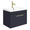Arezzo Wall Hung Vanity Unit - Matt Blue - 600mm with Industrial Style Brushed Brass Handle -Wall Hung Vanity Units Shop AZB6WHVBBIS p