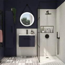 Arezzo Wall Hung Vanity Unit - Matt Blue - 600mm with Industrial Style Black Handle -Wall Hung Vanity Units Shop AZB6WHVBKIS d3 460