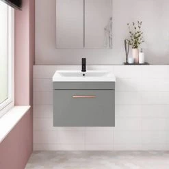 Arezzo 600 Matt Grey Wall Hung 1-Drawer Vanity Unit with Rose Gold Handle -Wall Hung Vanity Units Shop AZB6WHVRG d2 460