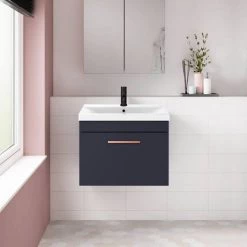 Arezzo 600 Matt Blue Wall Hung 1-Drawer Vanity Unit with Rose Gold Handle -Wall Hung Vanity Units Shop AZB6WHVRG nd2 460