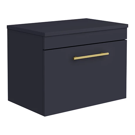 Arezzo Industrial Style 600 Matt Blue Wall Hung Vanity Unit with Worktop + Brushed Brass Handle 3 Arezzo Industrial Style 600 Matt Blue Wall Hung Vanity Unit with Worktop + Brushed Brass Handle