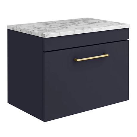 Arezzo Wall Hung Countertop Vanity Unit - Matt Blue - 600mm w. Matt White Marble Worktop & Brass Handle 3 Arezzo Wall Hung Countertop Vanity Unit - Matt Blue - 600mm w. Matt White Marble Worktop & Brass Handle