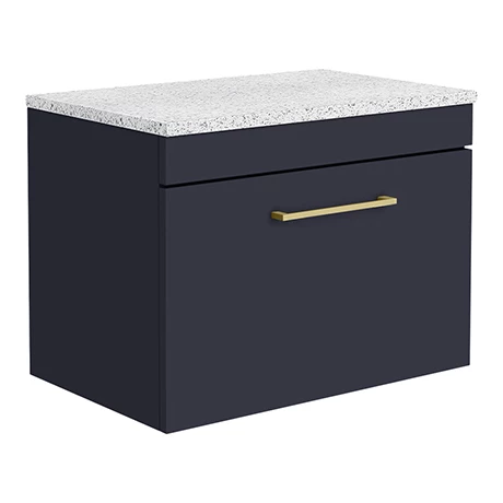 Arezzo Wall Hung Countertop Vanity Unit - Matt Blue - 600mm with White Worktop & Brushed Brass Handle 3 Arezzo Wall Hung Countertop Vanity Unit - Matt Blue - 600mm with White Worktop & Brushed Brass Handle