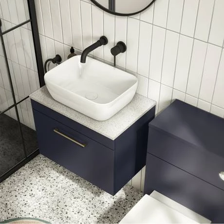 Arezzo Wall Hung Countertop Vanity Unit - Matt Blue - 600mm with White Worktop & Brushed Brass Handle 6 Arezzo Wall Hung Countertop Vanity Unit - Matt Blue - 600mm with White Worktop & Brushed Brass Handle - Image 4