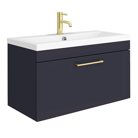 Arezzo Wall Hung Vanity Unit - Matt Blue - 800mm with Brushed Brass Handle 3 Arezzo Wall Hung Vanity Unit - Matt Blue - 800mm with Brushed Brass Handle