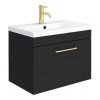 Arezzo 600 Matt Black Wall Hung 1-Drawer Vanity Unit with Brushed Brass Handle 2 Arezzo 600 Matt Black Wall Hung 1-Drawer Vanity Unit with Brushed Brass Handle -Wall Hung Vanity Units Shop AZBL6WHVBB P