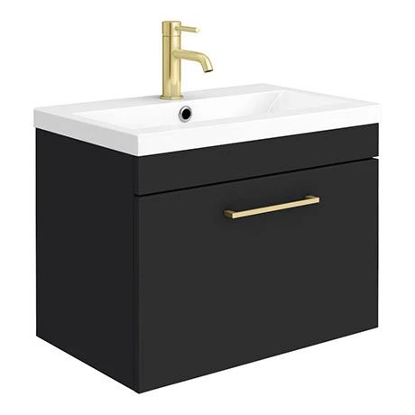 Arezzo 600 Matt Black Wall Hung 1-Drawer Vanity Unit with Brushed Brass Handle 3 Arezzo 600 Matt Black Wall Hung 1-Drawer Vanity Unit with Brushed Brass Handle