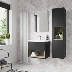Arezzo Senza 600mm Matt Black / Vicenza Oak Wall Hung Vanity Unit with Open Shelf + Ceramic Basin 9 Arezzo Senza 600mm Matt Black / Vicenza Oak Wall Hung Vanity Unit with Open Shelf + Ceramic Basin -Wall Hung Vanity Units Shop AZBLAVO6 d3 460