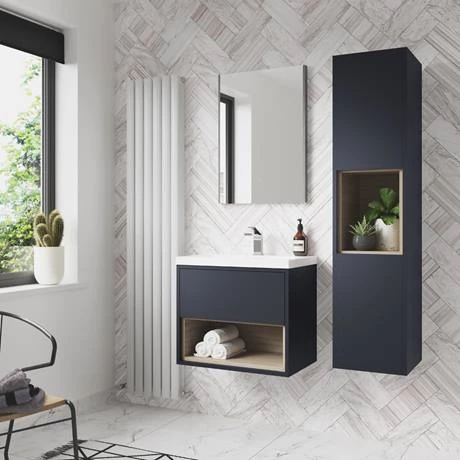Arezzo Senza 600mm Matt Blue / Vicenza Oak Wall Hung Vanity Unit with Open Shelf + Ceramic Basin 6 Arezzo Senza 600mm Matt Blue / Vicenza Oak Wall Hung Vanity Unit with Open Shelf + Ceramic Basin - Image 4