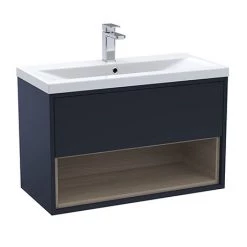 Arezzo Senza 800mm Matt Blue / Vicenza Oak Wall Hung Vanity Unit with Open Shelf + Ceramic Basin