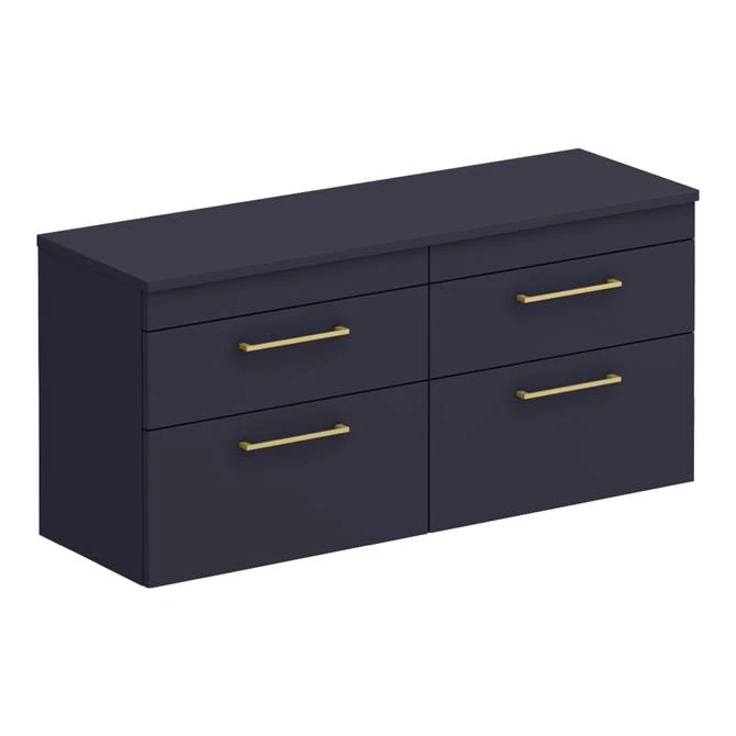 Arezzo Matt Blue Wall Hung 4 Drawer Double Countertop Vanity Unit (1200mm w. Brushed Brass Handles) 3 Arezzo Matt Blue Wall Hung 4 Drawer Double Countertop Vanity Unit (1200mm w. Brushed Brass Handles)