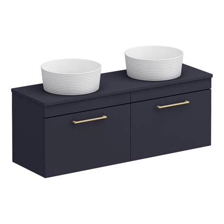 Arezzo Matt Blue Wall Hung Double Countertop Vanity Unit incl. 2 Basins (1200mm w. Brushed Brass Handles) 7 Arezzo Matt Blue Wall Hung Double Countertop Vanity Unit incl. 2 Basins (1200mm w. Brushed Brass Handles) - Image 5
