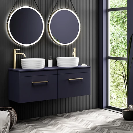Arezzo Matt Blue Wall Hung Double Countertop Vanity Unit incl. 2 Basins (1200mm w. Brushed Brass Handles) 3 Arezzo Matt Blue Wall Hung Double Countertop Vanity Unit incl. 2 Basins (1200mm w. Brushed Brass Handles)