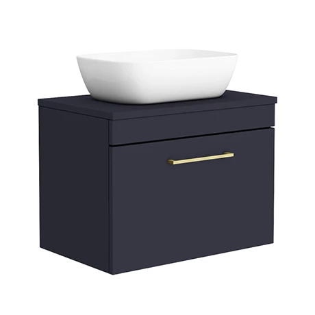 Arezzo Wall Hung Countertop Basin Unit - Blue with Brushed Brass Handle - 600mm inc. Basin 3 Arezzo Wall Hung Countertop Basin Unit - Blue with Brushed Brass Handle - 600mm inc. Basin