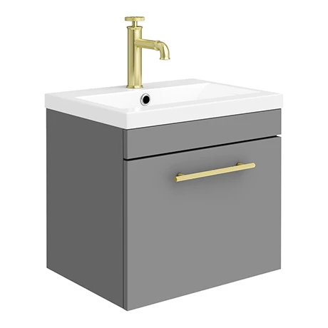 Arezzo Wall Hung Vanity Unit - Matt Grey - 500mm with Industrial Style Brushed Brass Handle 3 Arezzo Wall Hung Vanity Unit - Matt Grey - 500mm with Industrial Style Brushed Brass Handle
