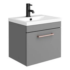 Arezzo 500 Matt Grey Wall Hung 1-Drawer Vanity Unit with Rose Gold Handle