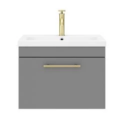 Arezzo Wall Hung Vanity Unit - Matt Grey - 600mm with Industrial Style Brushed Brass Handle -Wall Hung Vanity Units Shop AZG6WHVBBIS d4 460