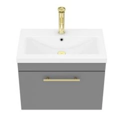 Arezzo Wall Hung Vanity Unit - Matt Grey - 600mm with Industrial Style Brushed Brass Handle -Wall Hung Vanity Units Shop AZG6WHVBBIS d5 460
