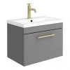Arezzo Wall Hung Vanity Unit - Matt Grey - 600mm with Industrial Style Brushed Brass Handle -Wall Hung Vanity Units Shop AZG6WHVBBIS p