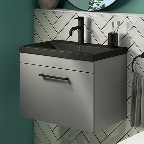 Arezzo 600 Matt Grey Wall Hung Vanity Unit with Matt Black Basin + Black Handle 3 Arezzo 600 Matt Grey Wall Hung Vanity Unit with Matt Black Basin + Black Handle
