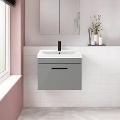 Arezzo 600 Matt Grey Wall Hung 1-Drawer Vanity Unit with Matt Black Handle -Wall Hung Vanity Units Shop AZG6WHVBK d2 460