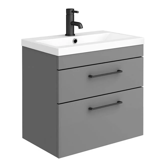 Arezzo 600 Matt Grey Wall Hung 2-Drawers Vanity Unit with Matt Black Handles 3 Arezzo 600 Matt Grey Wall Hung 2-Drawers Vanity Unit with Matt Black Handles