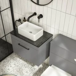 Arezzo Wall Hung Countertop Vanity Unit - Matt Grey - 600mm with Black Worktop & Matt Black Handle -Wall Hung Vanity Units Shop AZG6WHWMBB d4 460