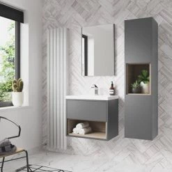Arezzo Senza 500mm Matt Grey / Vicenza Oak Wall Hung Vanity Unit with Open Shelf + Ceramic Basin -Wall Hung Vanity Units Shop AZGREVO5 D3 460