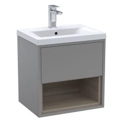 Arezzo Senza 500mm Matt Grey / Vicenza Oak Wall Hung Vanity Unit with Open Shelf + Ceramic Basin