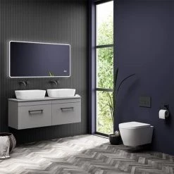 Arezzo Matt Grey Wall Hung Double Countertop Vanity Unit incl. 2 Basins (1200mm w. Matt Black Handles) -Wall Hung Vanity Units Shop AZGWHMB12B d4 460