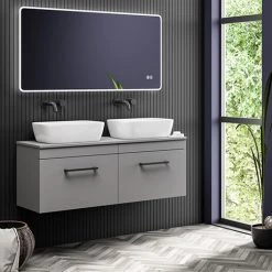 Arezzo Matt Grey Wall Hung Double Countertop Vanity Unit incl. 2 Basins (1200mm w. Matt Black Handles)
