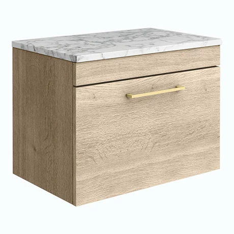 Arezzo Wall Hung Countertop Vanity Unit - Rustic Oak - 600mm w. Matt White Marble Worktop & Brass Handle 3 Arezzo Wall Hung Countertop Vanity Unit - Rustic Oak - 600mm w. Matt White Marble Worktop & Brass Handle