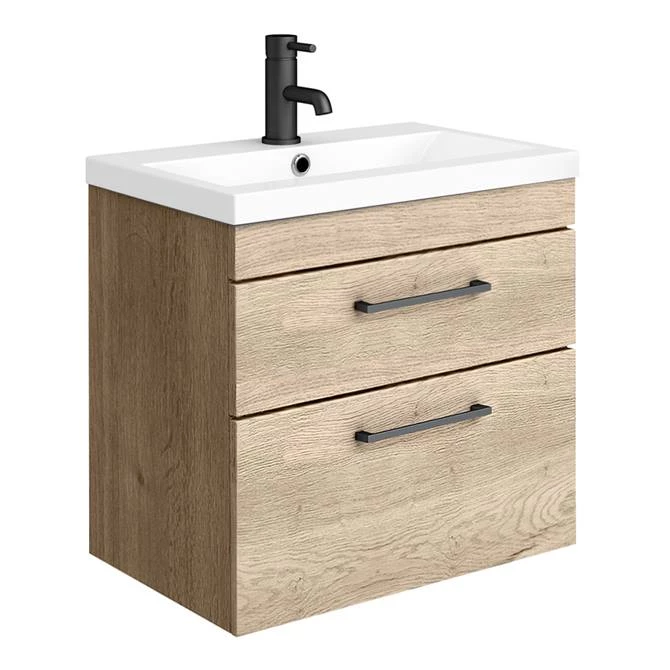 Arezzo 600 Rustic Oak Wall Hung 2-Drawers Vanity Unit with Matt Black Handles 3 Arezzo 600 Rustic Oak Wall Hung 2-Drawers Vanity Unit with Matt Black Handles