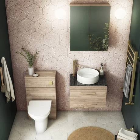 Arezzo Wall Hung Countertop Vanity Unit - Rustic Oak - 600mm with Black Worktop & Brushed Brass Handle 7 Arezzo Wall Hung Countertop Vanity Unit - Rustic Oak - 600mm with Black Worktop & Brushed Brass Handle - Image 5