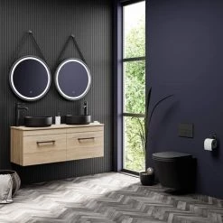 Arezzo Rustic Oak Wall Hung Double Countertop Vanity incl. 2 Matt Black Basins (1200mm w. Black Handles) -Wall Hung Vanity Units Shop AZOWHMB12RBB d4 460