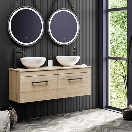 Arezzo Rustic Oak Wall Hung Double Countertop Vanity Unit incl. 2 Basins (1200mm w. Matt Black Handles) 3 Arezzo Rustic Oak Wall Hung Double Countertop Vanity Unit incl. 2 Basins (1200mm w. Matt Black Handles)