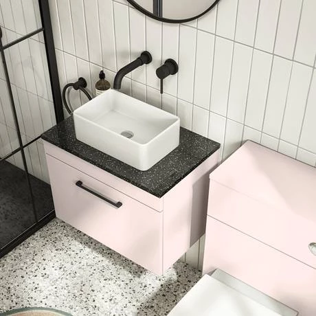 Arezzo Wall Hung Countertop Vanity Unit - Matt Pink - 600mm with Black Worktop & Matt Black Handle 6 Arezzo Wall Hung Countertop Vanity Unit - Matt Pink - 600mm with Black Worktop & Matt Black Handle - Image 4