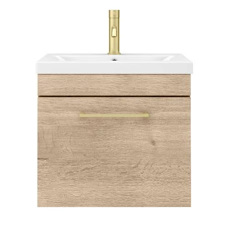 Arezzo Wall Hung Vanity Unit - Rustic Oak - 500mm with Brushed Brass Handle 8 Arezzo Wall Hung Vanity Unit - Rustic Oak - 500mm with Brushed Brass Handle - Image 6