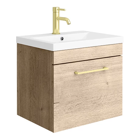 Arezzo Wall Hung Vanity Unit - Rustic Oak - 500mm with Brushed Brass Handle 3 Arezzo Wall Hung Vanity Unit - Rustic Oak - 500mm with Brushed Brass Handle
